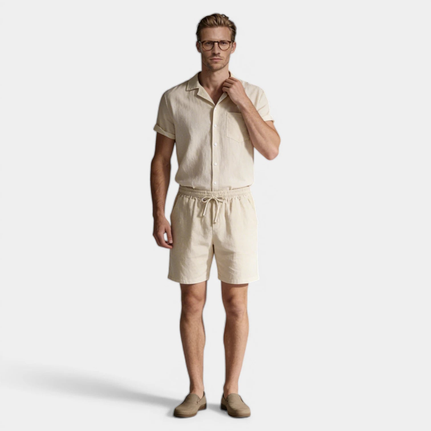 Short Sleeve Button-Up Shirt Drawstring Shorts Set for Men