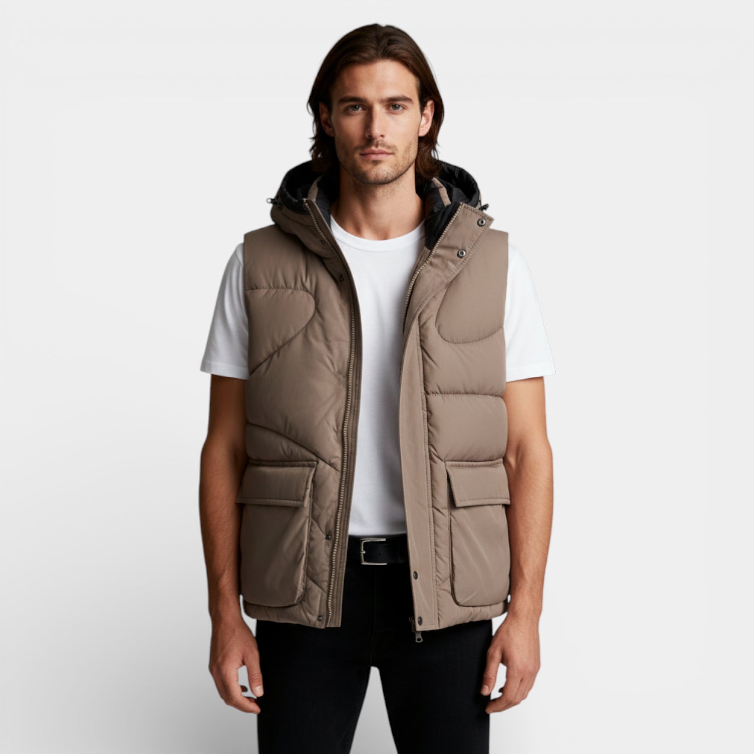 Snap-Front Hooded Quilted Vest Patch Pockets for Men