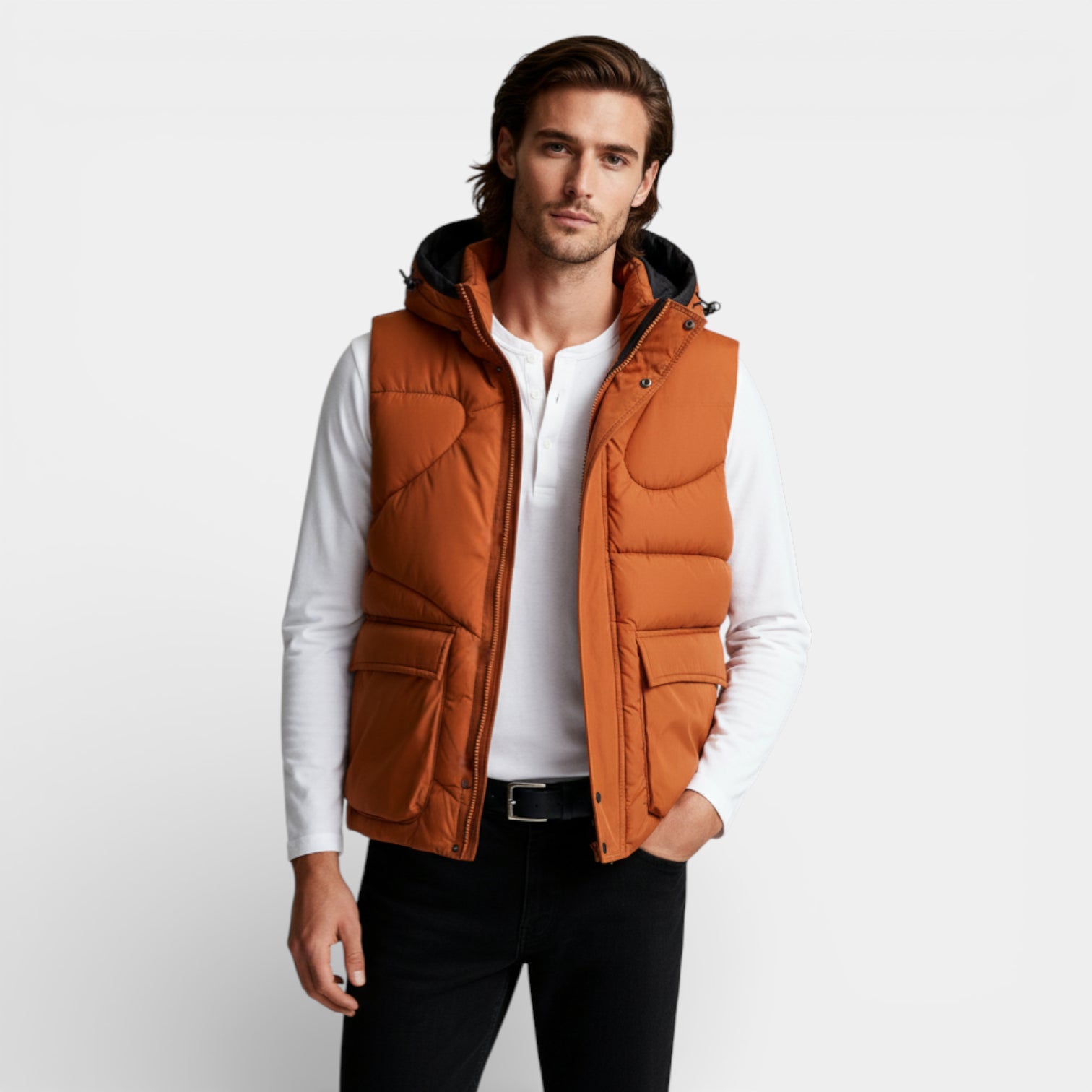 Snap-Front Hooded Quilted Vest Patch Pockets for Men