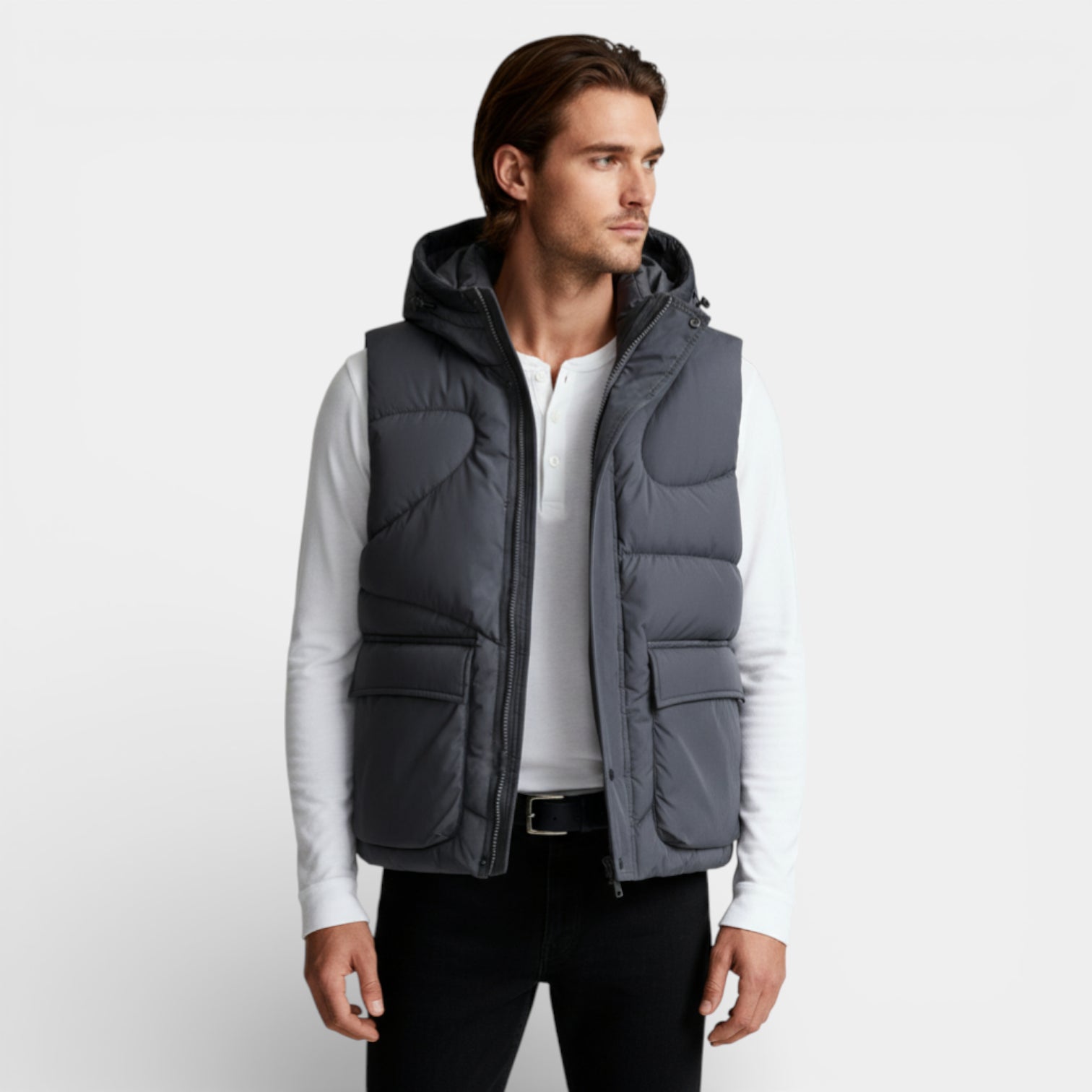 Snap-Front Hooded Quilted Vest Patch Pockets for Men