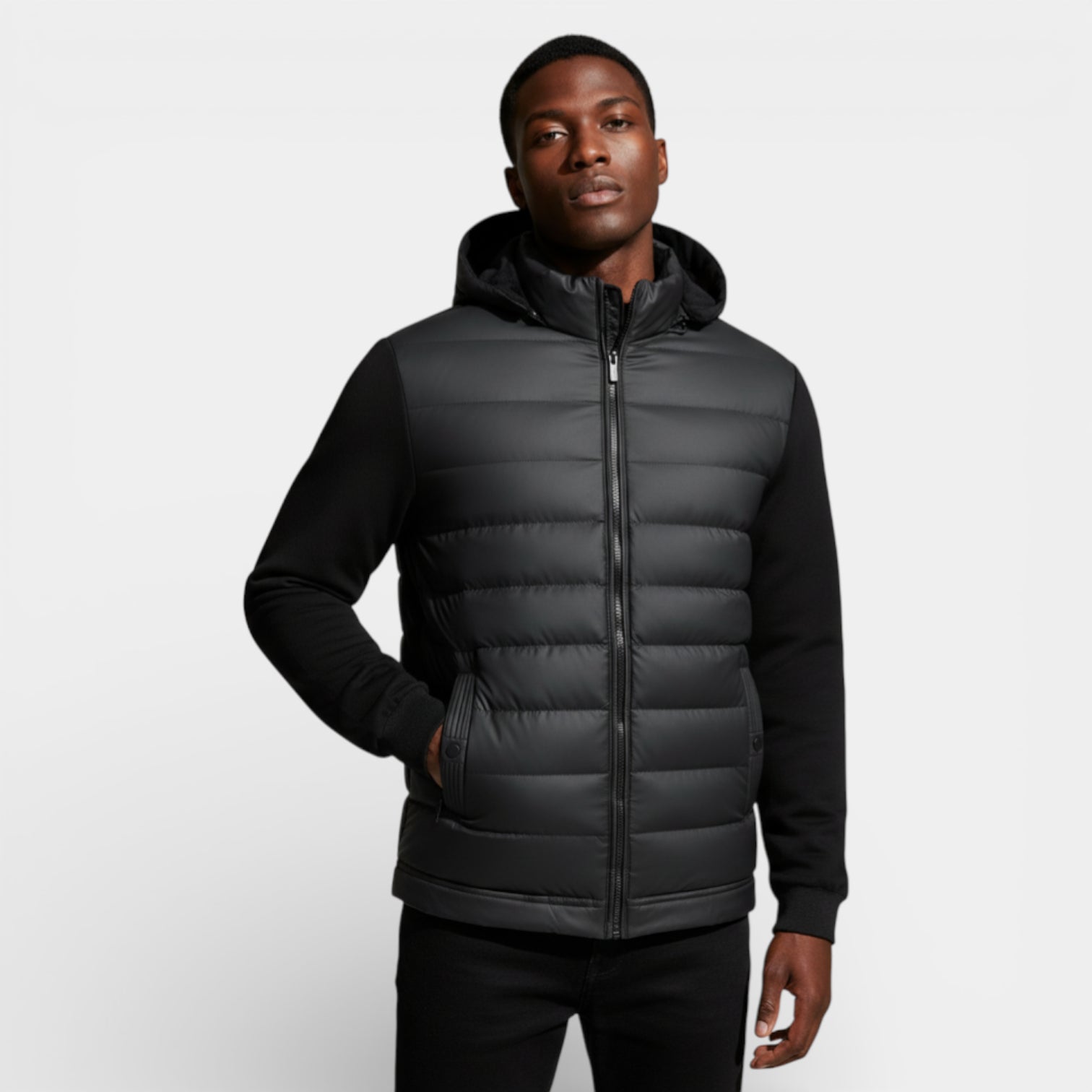 Quilted Hooded Zip-Up Jacket Stretch Sleeves for Men
