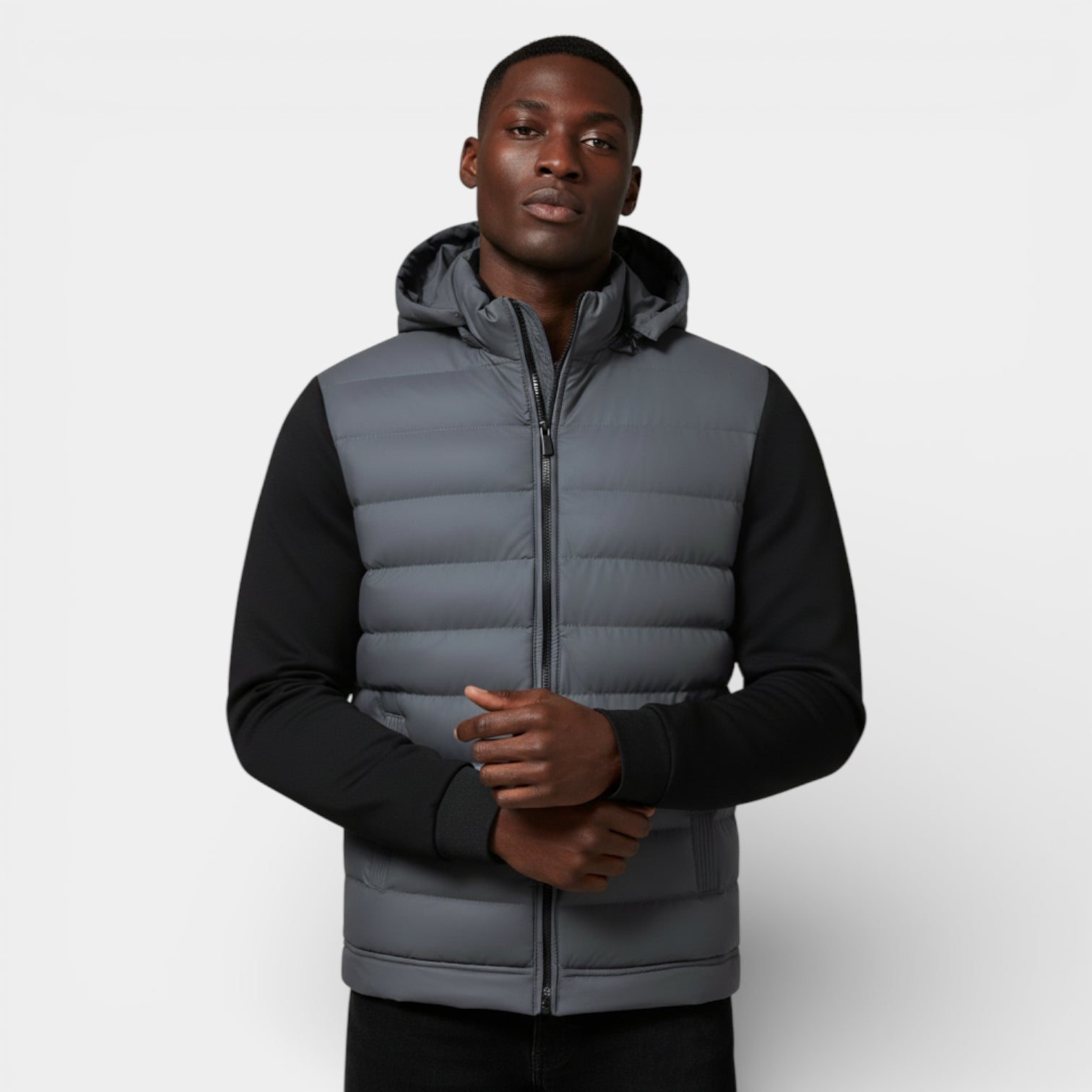 Quilted Hooded Zip-Up Jacket Stretch Sleeves for Men