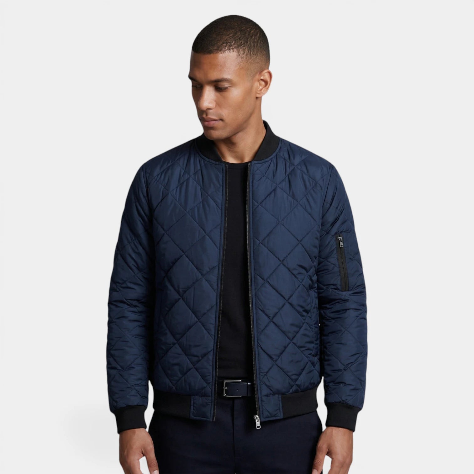 Quilted Zip-Up Bomber Jacket Ribbed Regular Fit for Men
