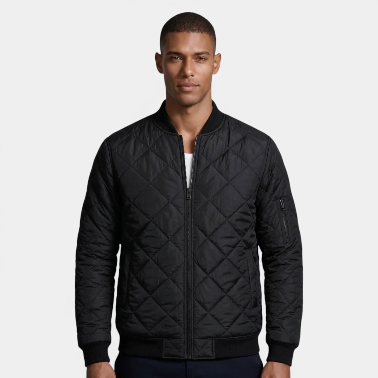 Quilted Zip-Up Bomber Jacket Ribbed Regular Fit for Men