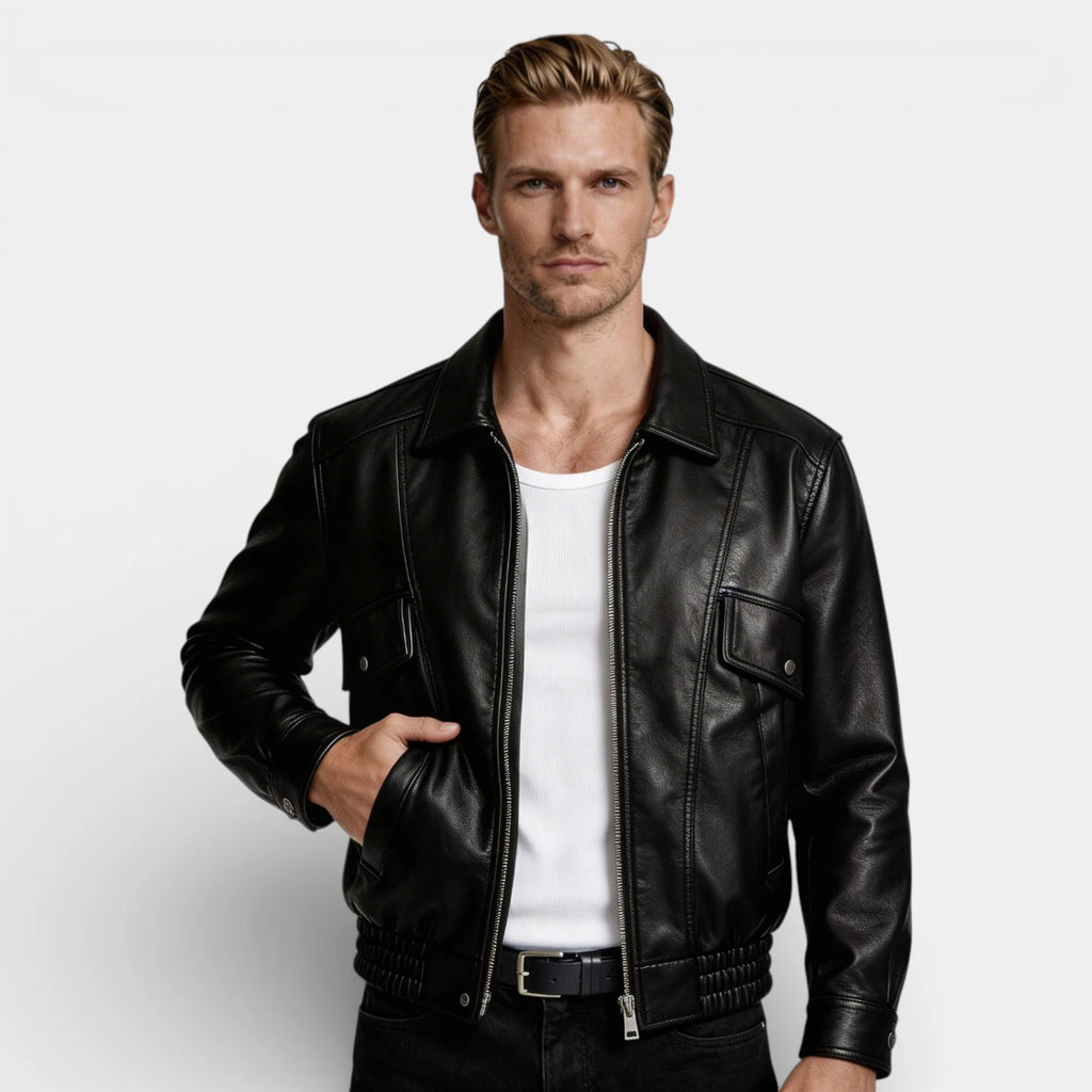 Zip Front Leather Look Jacket Chest Pockets for Men
