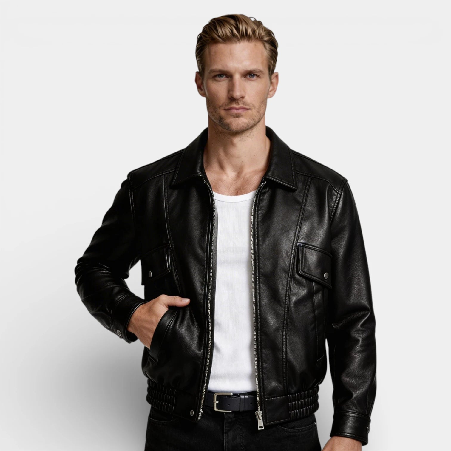 Zip Front Leather Look Jacket Chest Pockets for Men
