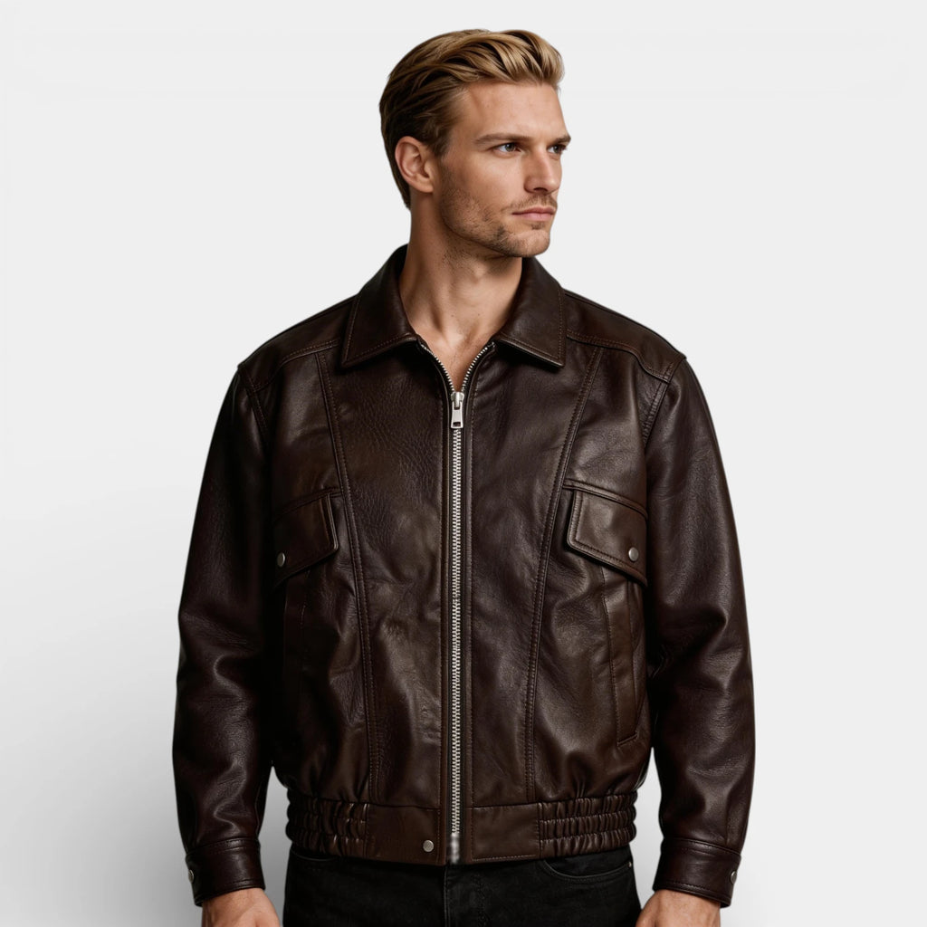 Zip Front Leather Look Jacket Chest Pockets for Men