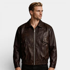 Zip Front Leather Look Jacket Chest Pockets for Men