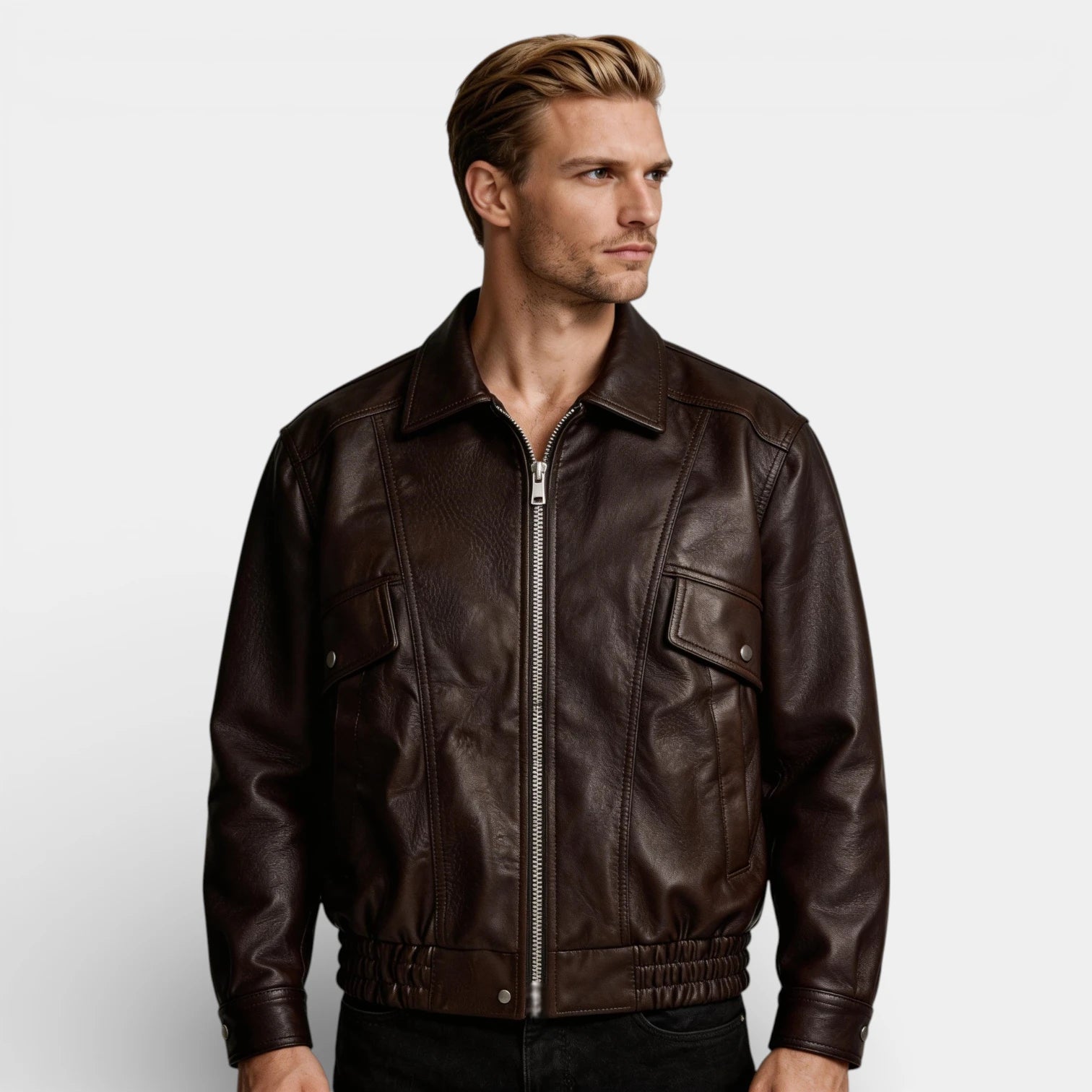 Zip Front Leather Look Jacket Chest Pockets for Men