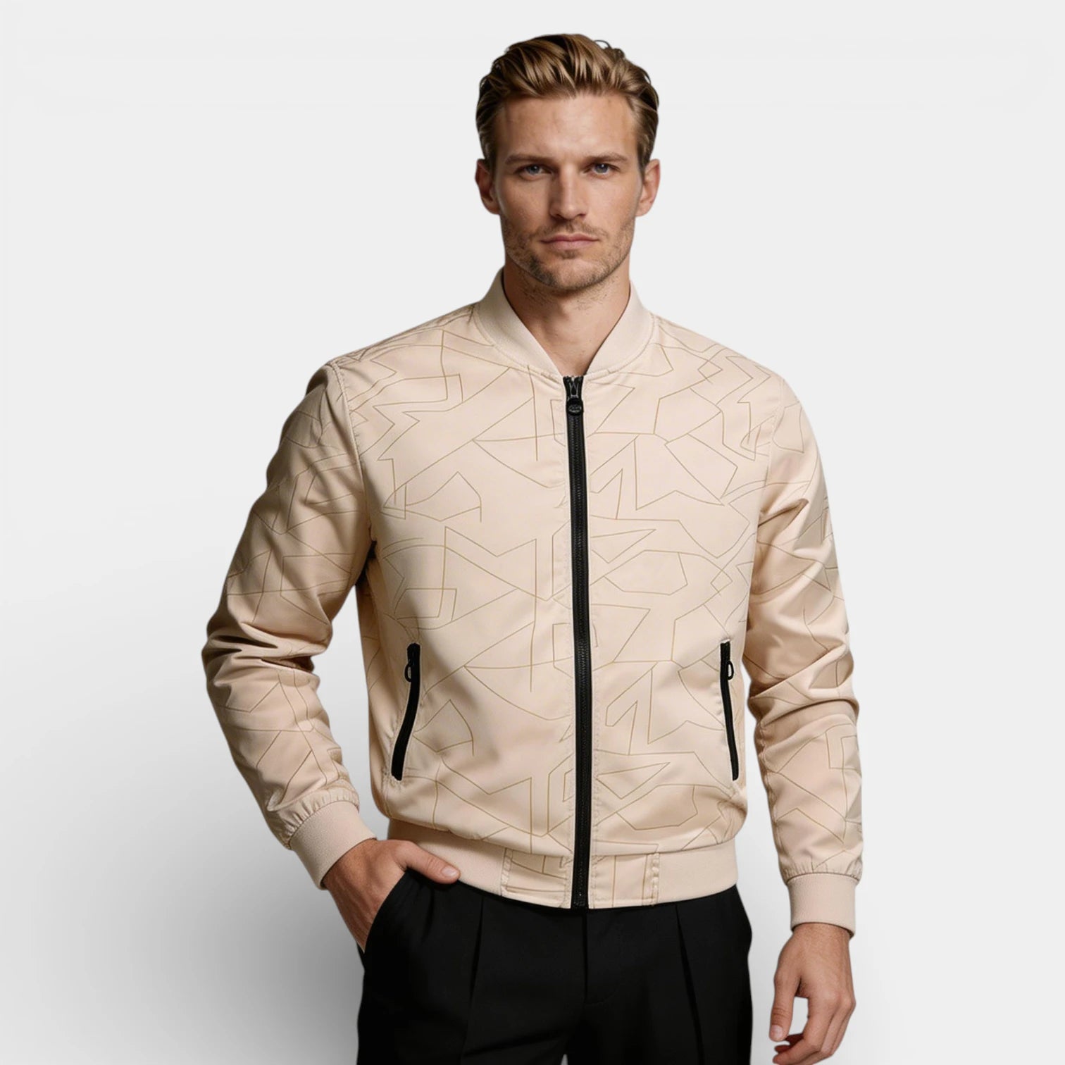 Geometric Pattern Zip-Up Bomber Jacket Regular Fit for Men