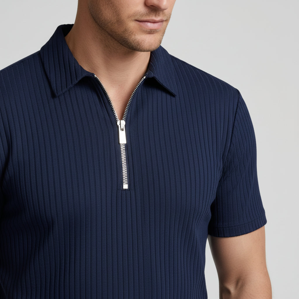 Ribbed Knit Zip Polo Shirt Short Sleeve Regular Fit for Men