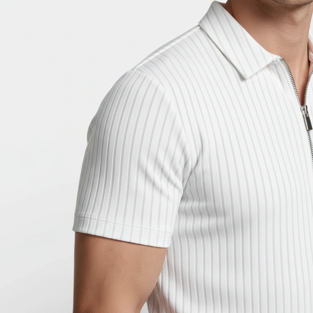Ribbed Knit Zip Polo Shirt Short Sleeve Regular Fit for Men