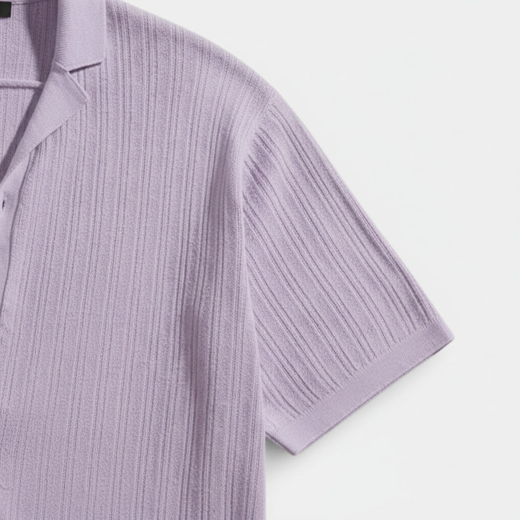 Ribbed Knit Short Sleeve Button-Up Camp Collar for Men