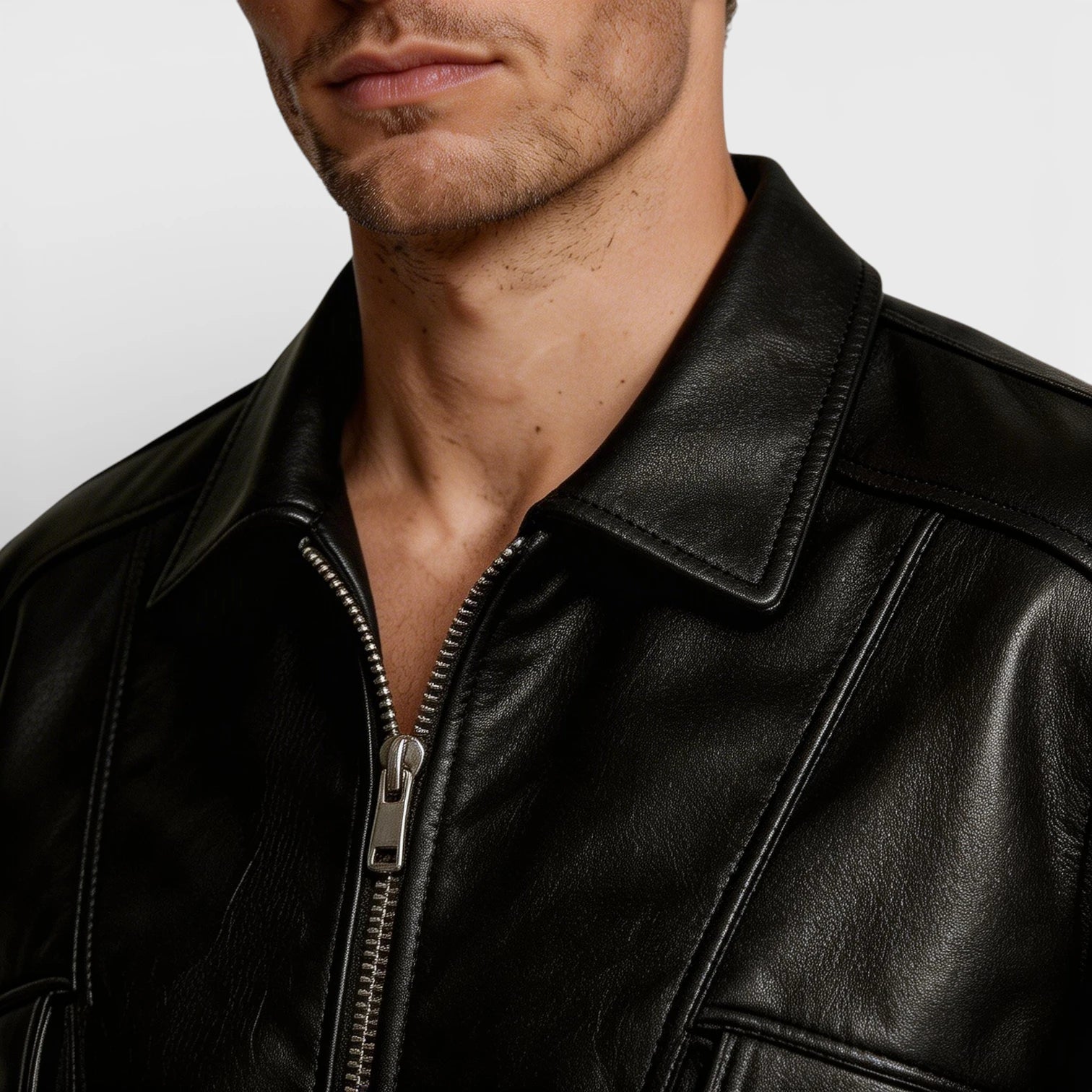 Zip Front Leather Look Jacket Chest Pockets for Men