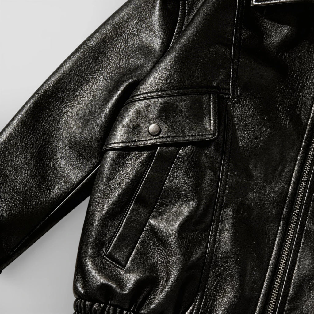 Zip Front Leather Look Jacket Chest Pockets for Men