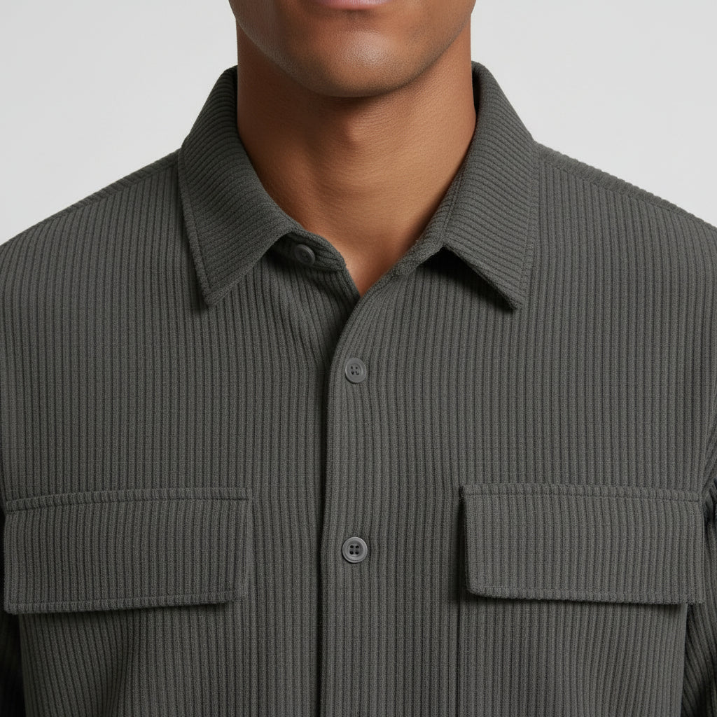Ribbed Texture Button-Up Shirt Pants Set for Men