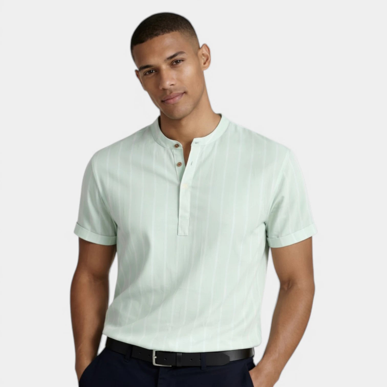 Vertical Stripe Mandarin Collar Shirt Regular Fit for Men
