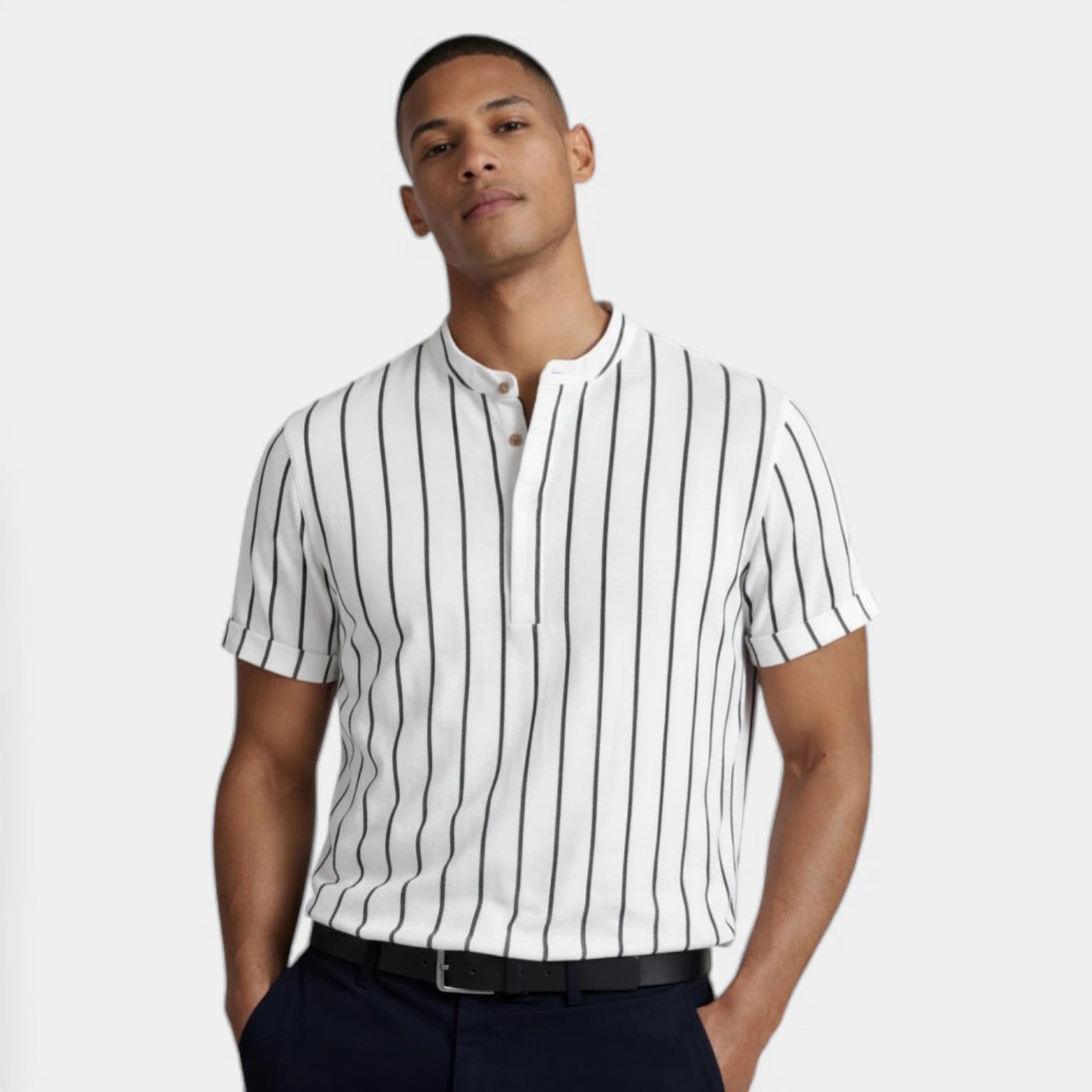Vertical Stripe Mandarin Collar Shirt Regular Fit for Men
