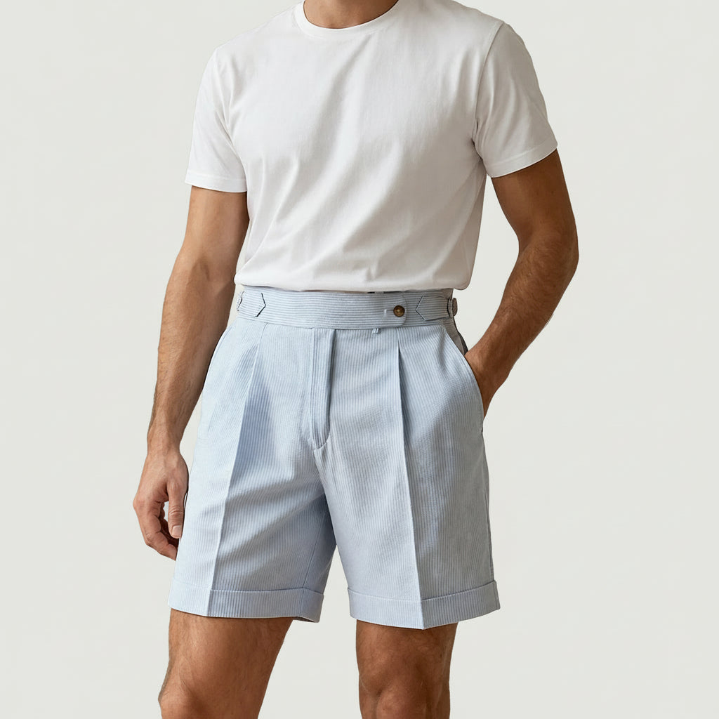 Pleated Shorts Striped Texture Side Adjuster Relaxed Fit for Men
