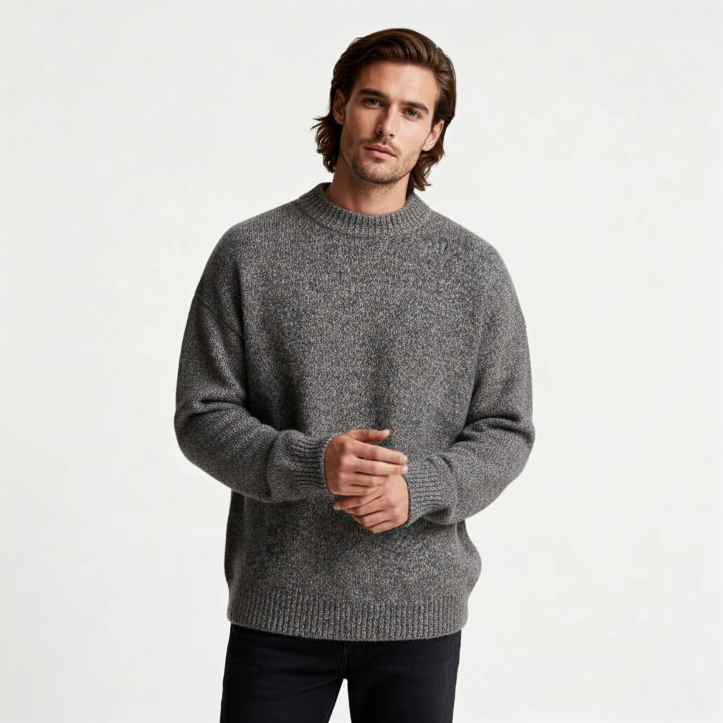 Relaxed Fit Fisherman Crewneck Knit Sweater for Men