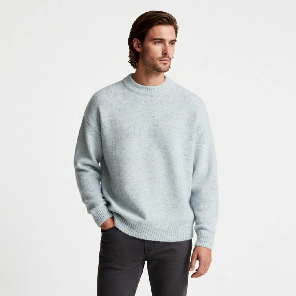 Relaxed Fit Fisherman Crewneck Knit Sweater for Men