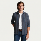 Vertical Stripe Button-Up Shirt Long Sleeve for Men