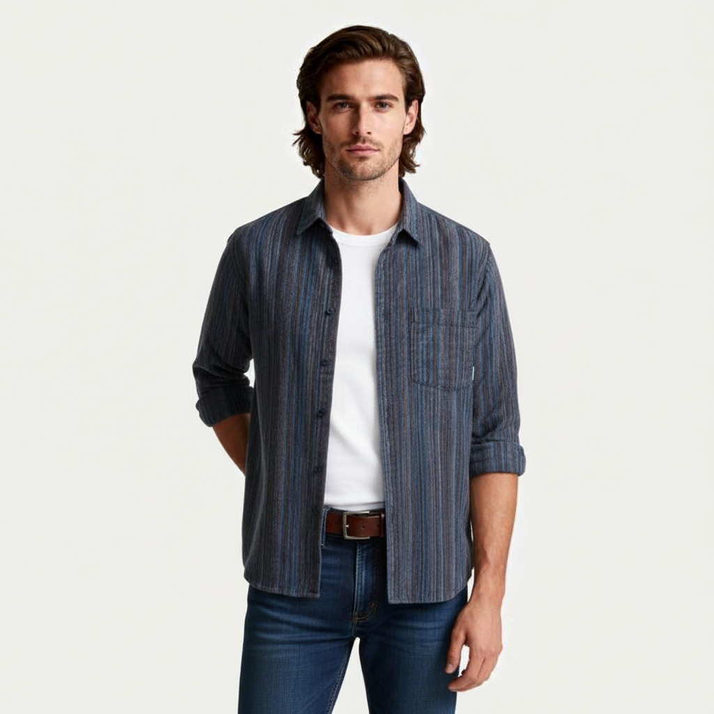 Vertical Stripe Button-Up Shirt Long Sleeve for Men