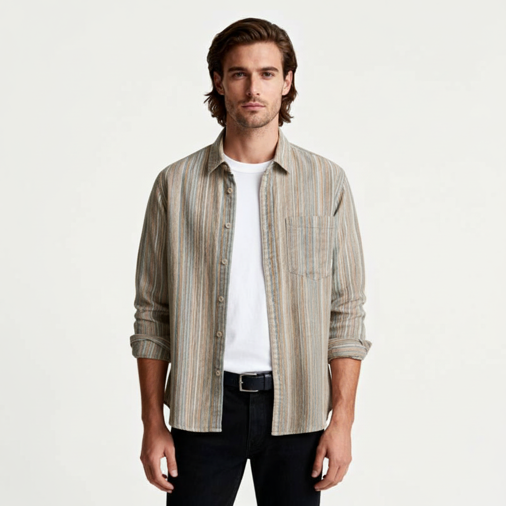 Vertical Stripe Button-Up Shirt Long Sleeve for Men