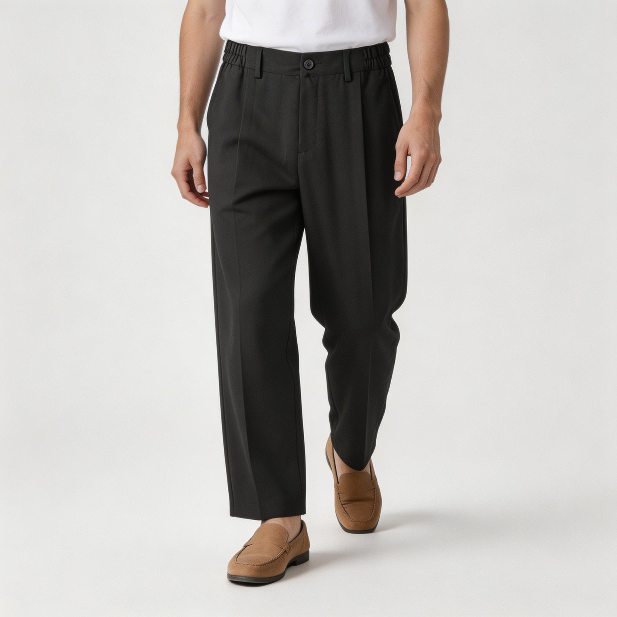 Pleated Front Straight Leg Trousers Elastic Waist for Men