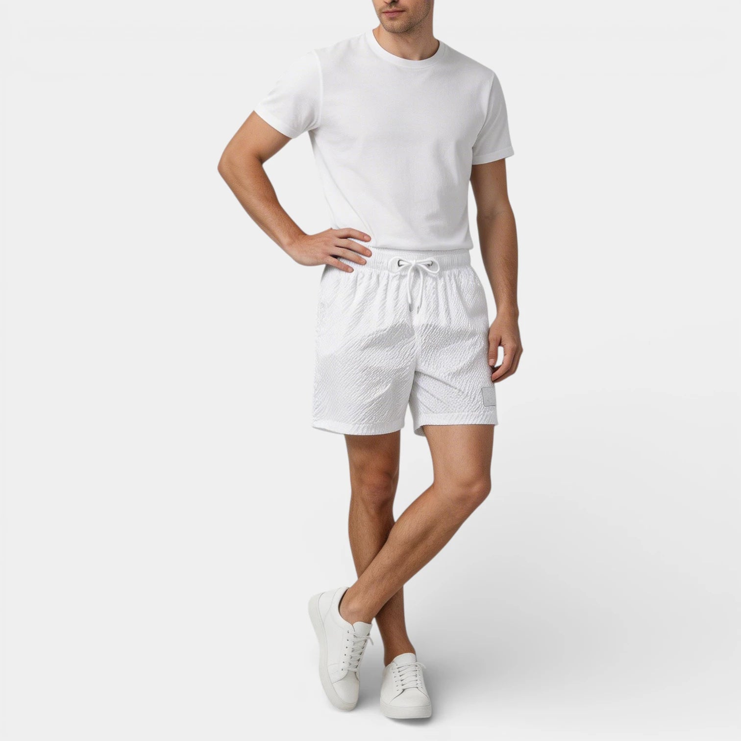 Textured Swim Shorts Elastic Waist Drawstring for Men