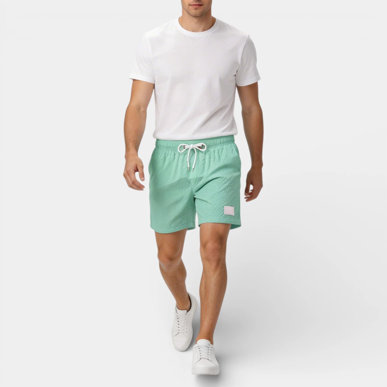 Textured Swim Shorts Elastic Waist Drawstring for Men