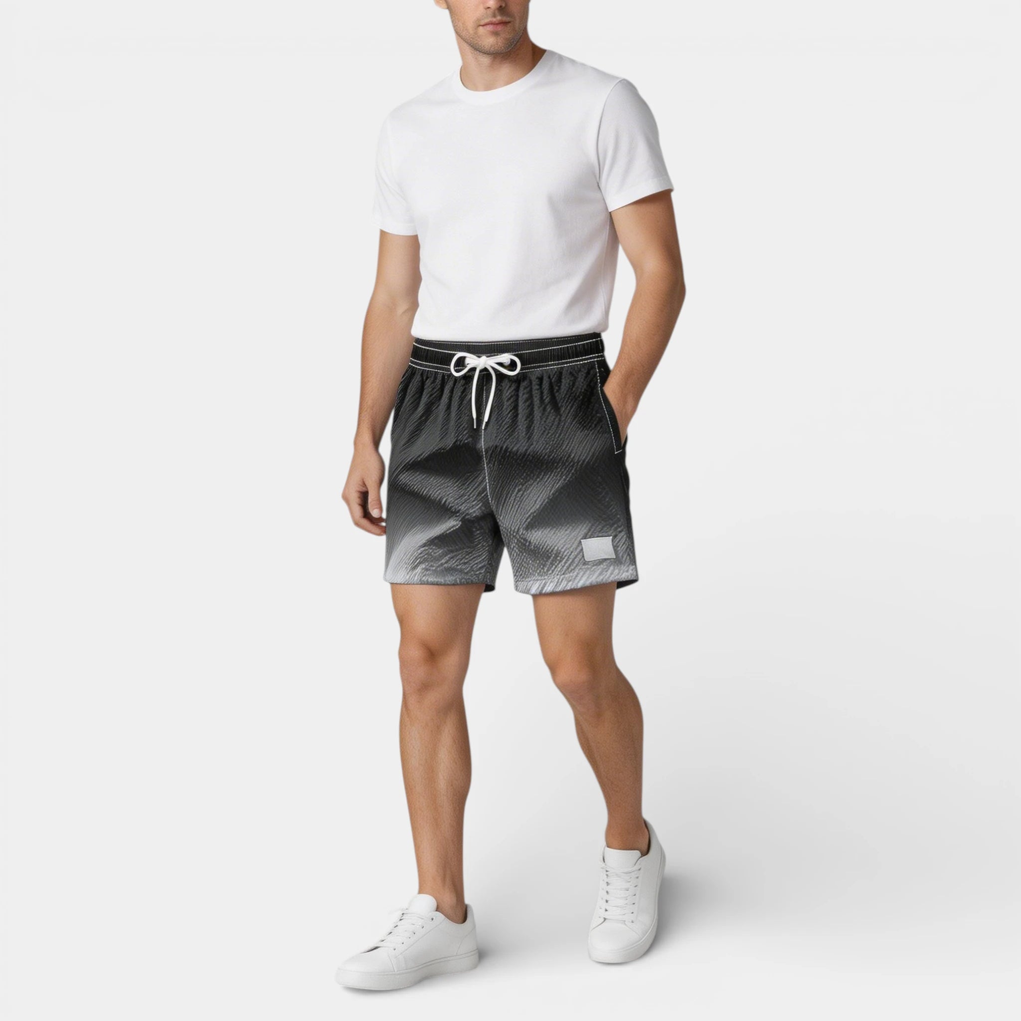 Textured Swim Shorts Elastic Waist Drawstring for Men