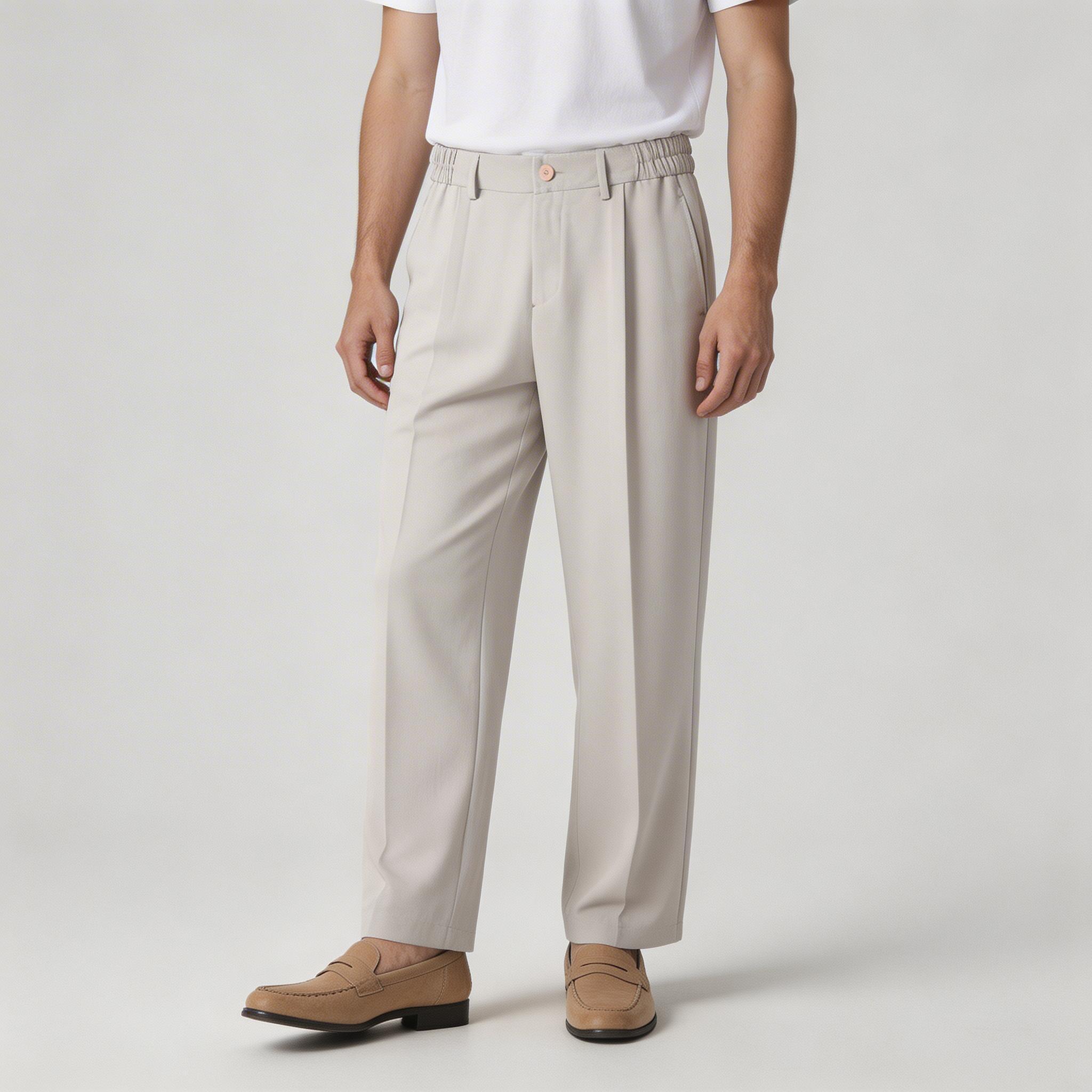 Pleated Front Straight Leg Trousers Elastic Waist for Men