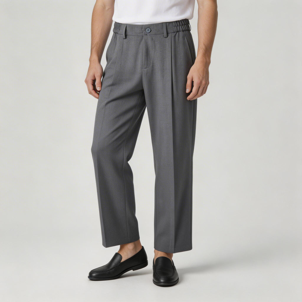 Pleated Front Straight Leg Trousers Elastic Waist for Men
