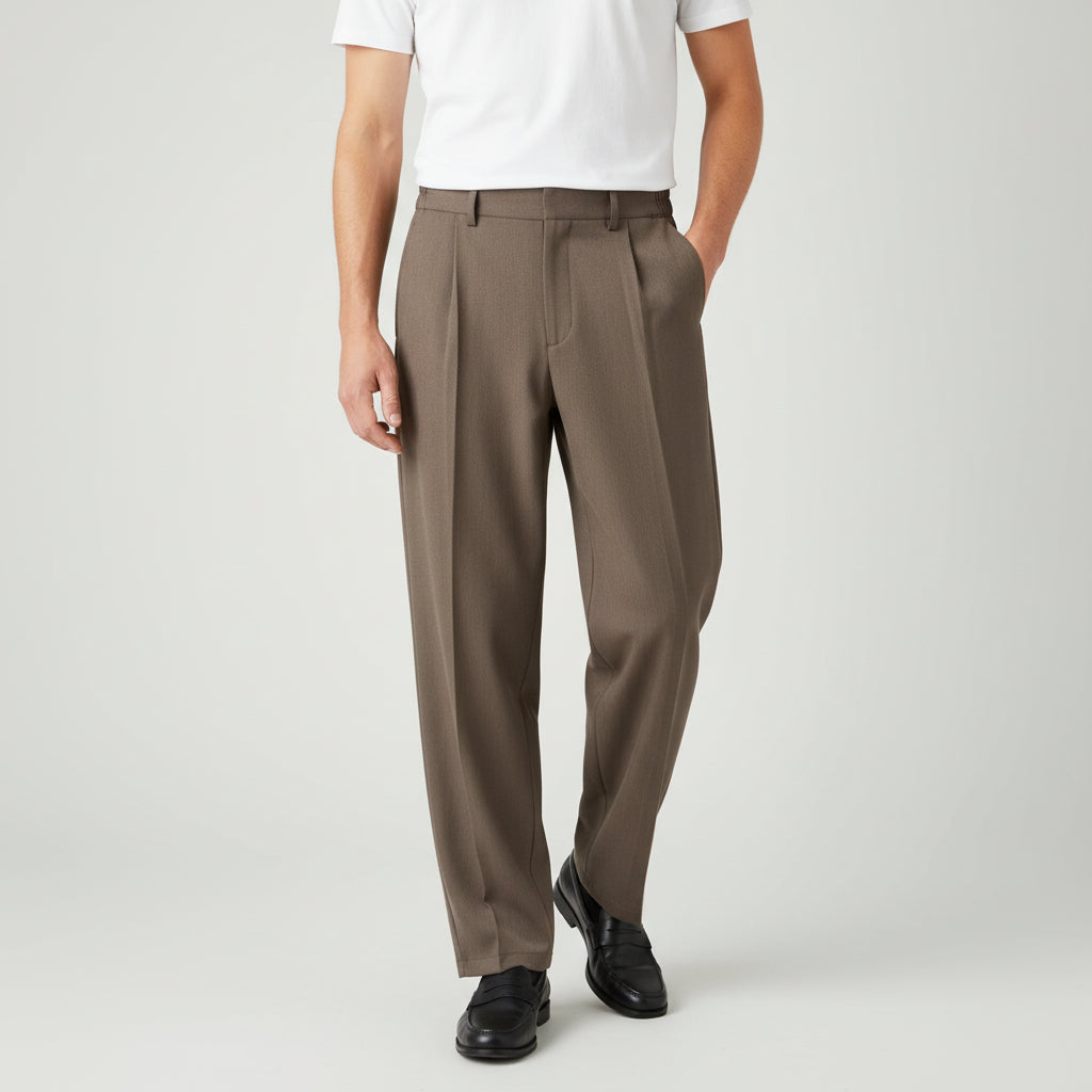 Pleated Front Straight Leg Trousers Elastic Waist for Men