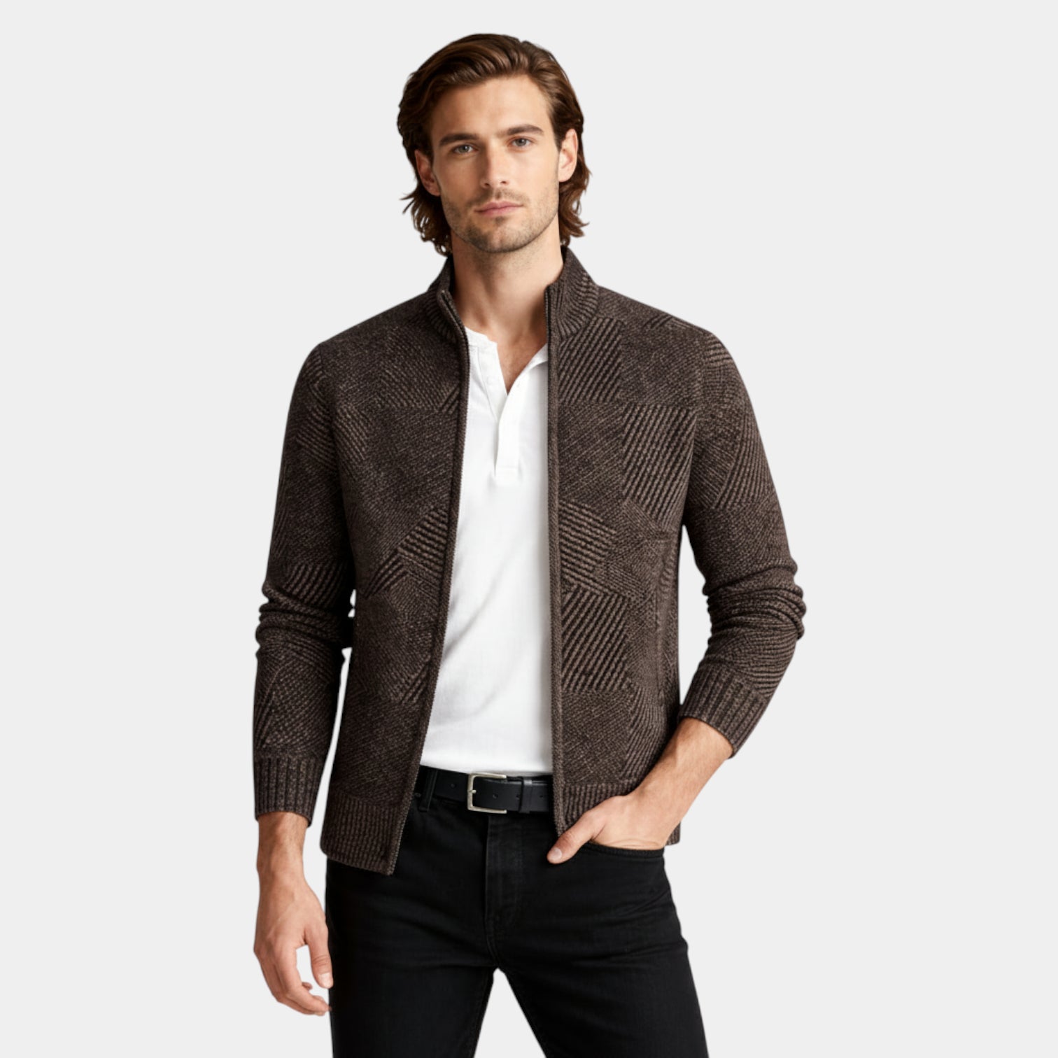 Zip-Front Knit Jacket Stand Collar Regular Fit for Men