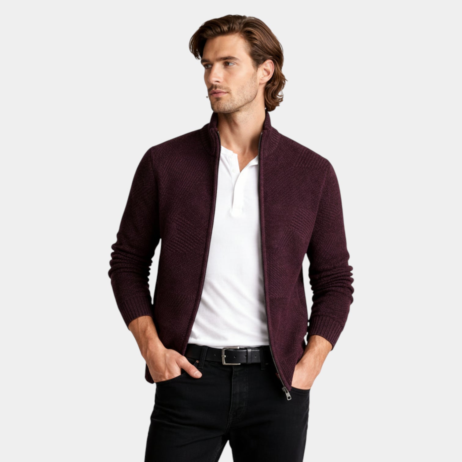 Zip-Front Knit Jacket Stand Collar Regular Fit for Men