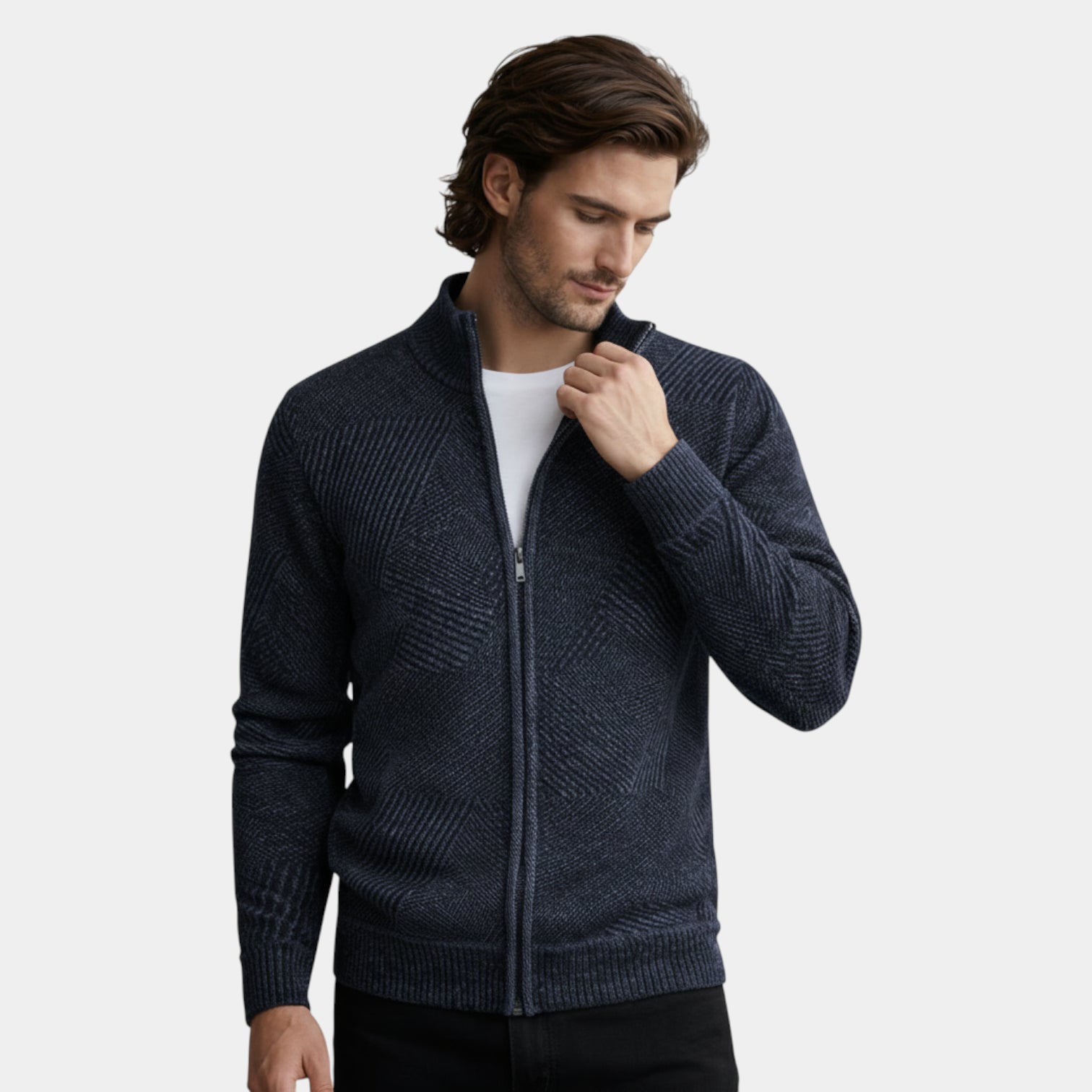 Zip-Front Knit Jacket Stand Collar Regular Fit for Men