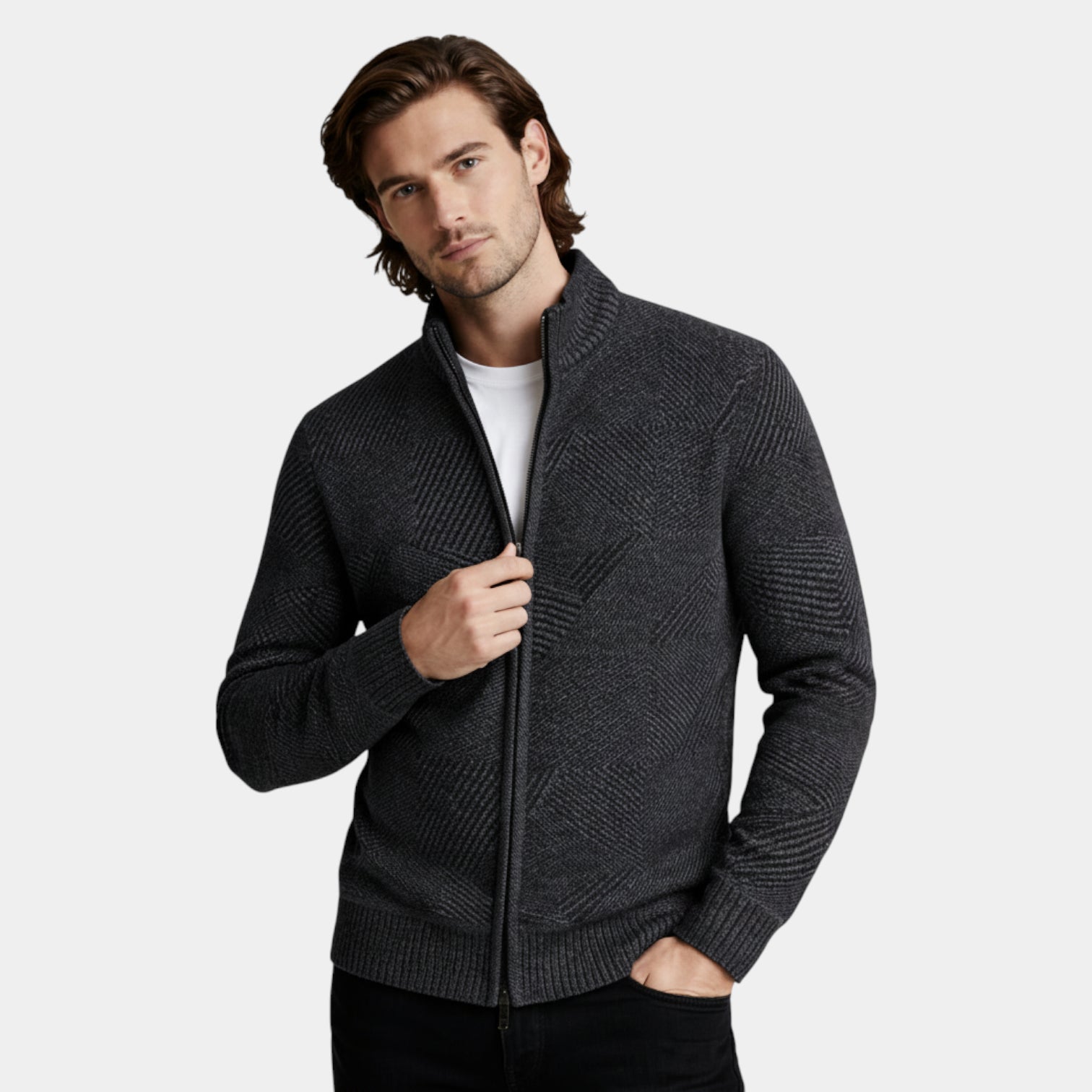 Zip-Front Knit Jacket Stand Collar Regular Fit for Men
