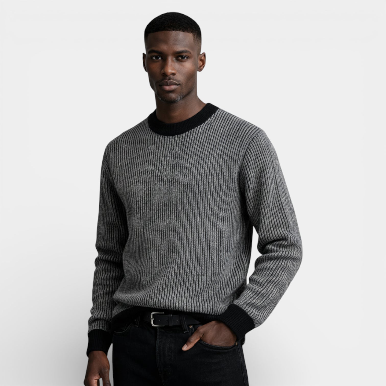 Relaxed Fit Ribbed Knit Crew Neck Sweater for Men