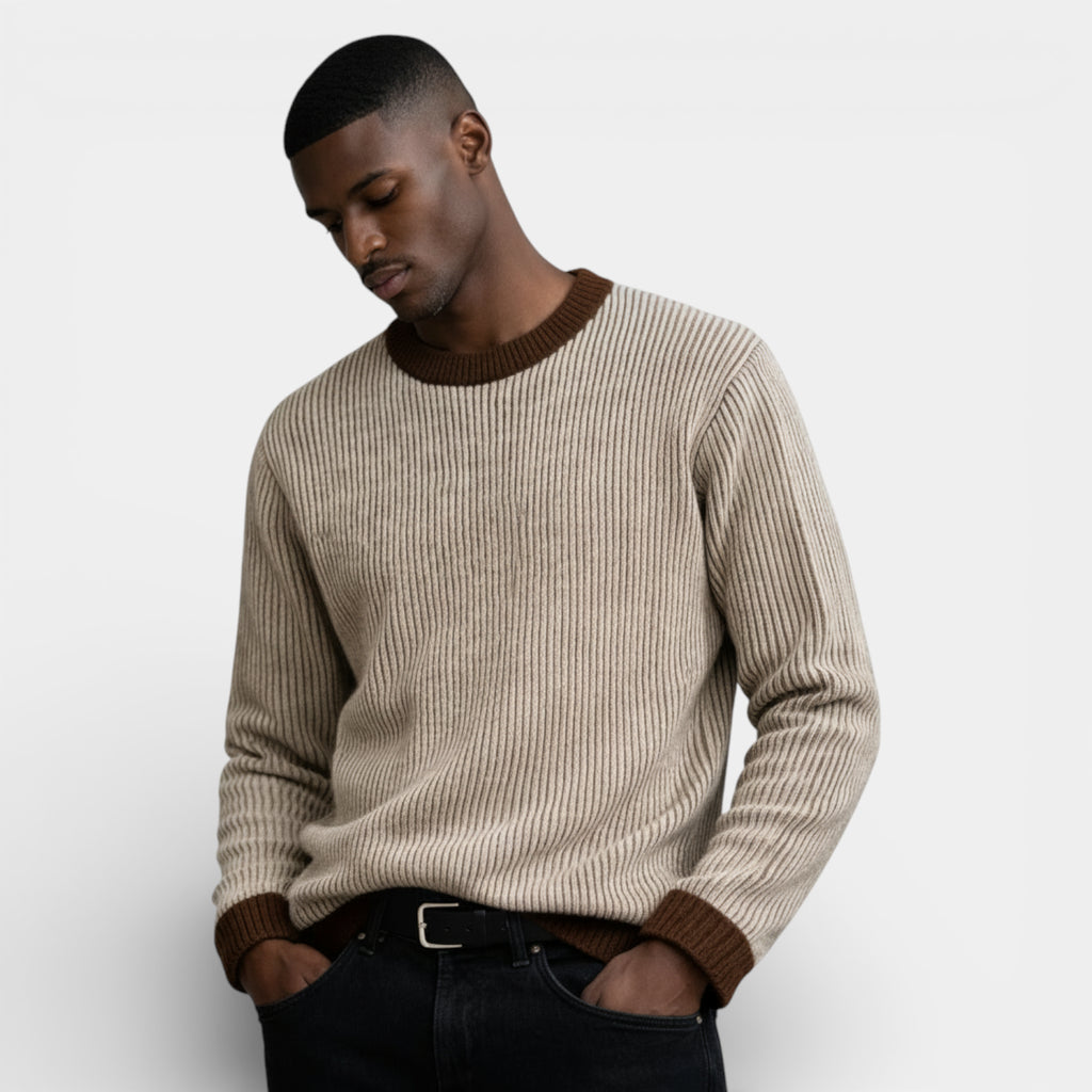 Relaxed Fit Ribbed Knit Crew Neck Sweater for Men