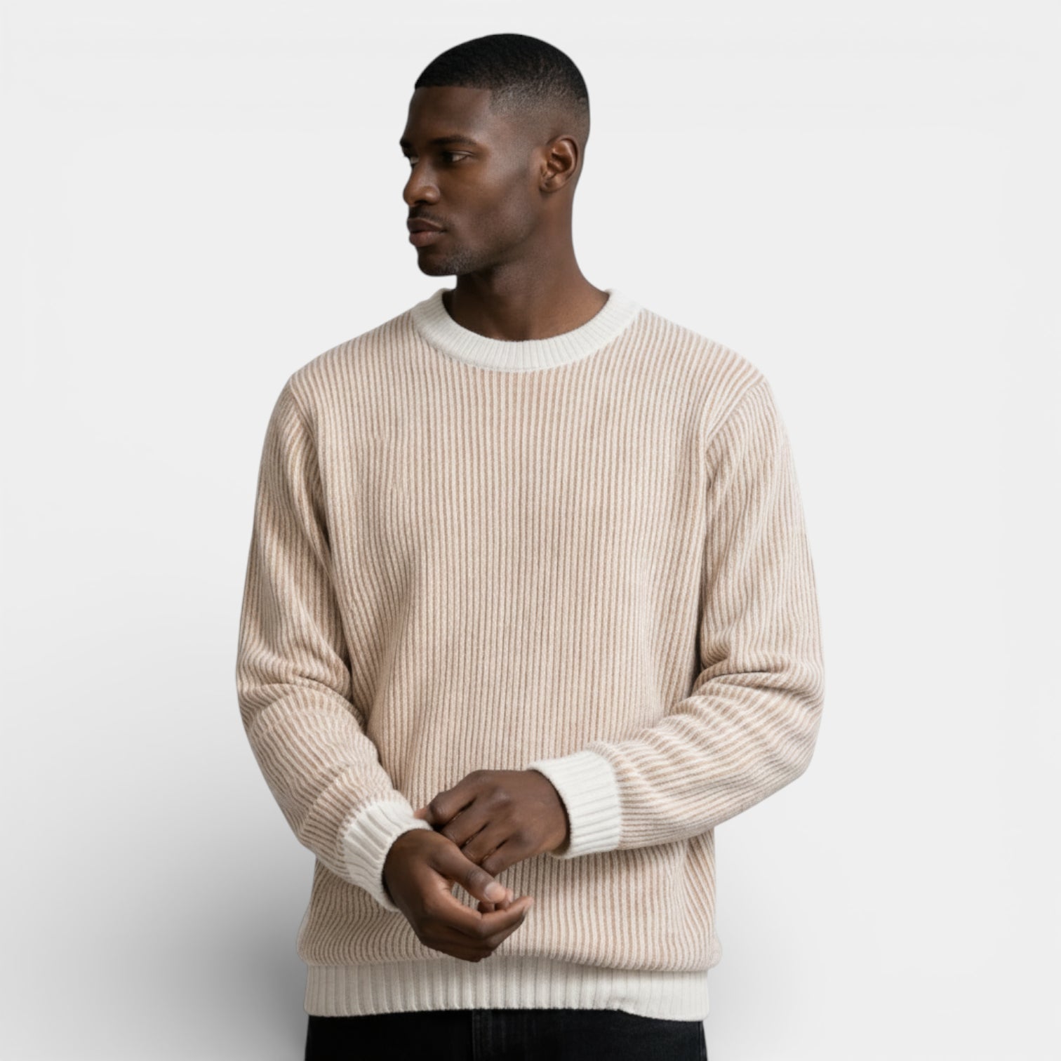 Relaxed Fit Ribbed Knit Crew Neck Sweater for Men