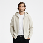 Ribbed Knit Hooded Zip Sweater Relaxed Fit for Men