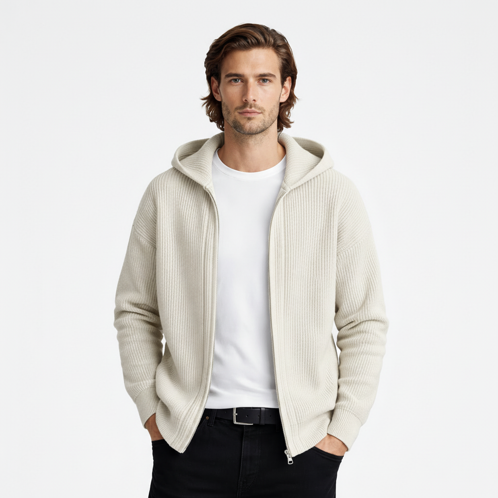 Ribbed Knit Hooded Zip Sweater Relaxed Fit for Men