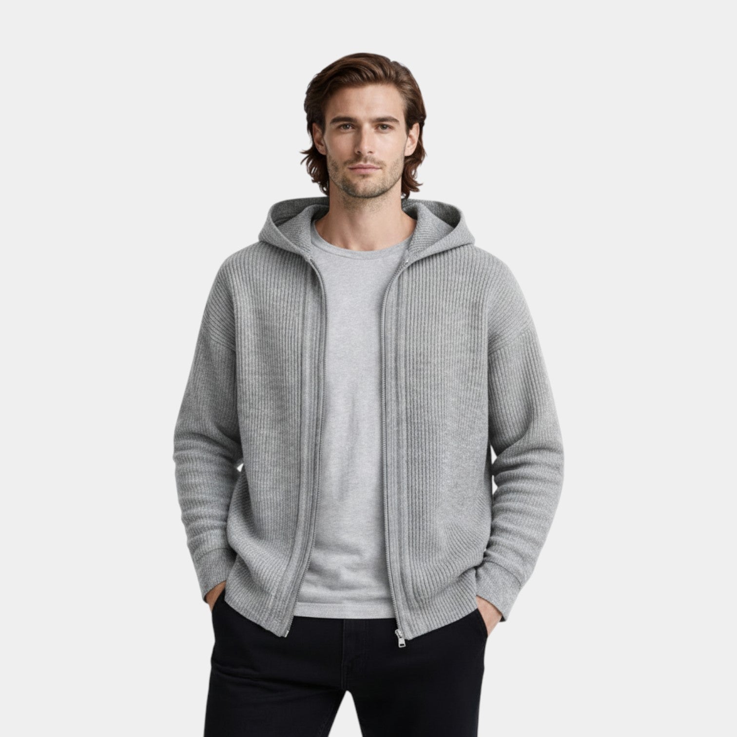 Ribbed Knit Hooded Zip Sweater Relaxed Fit for Men