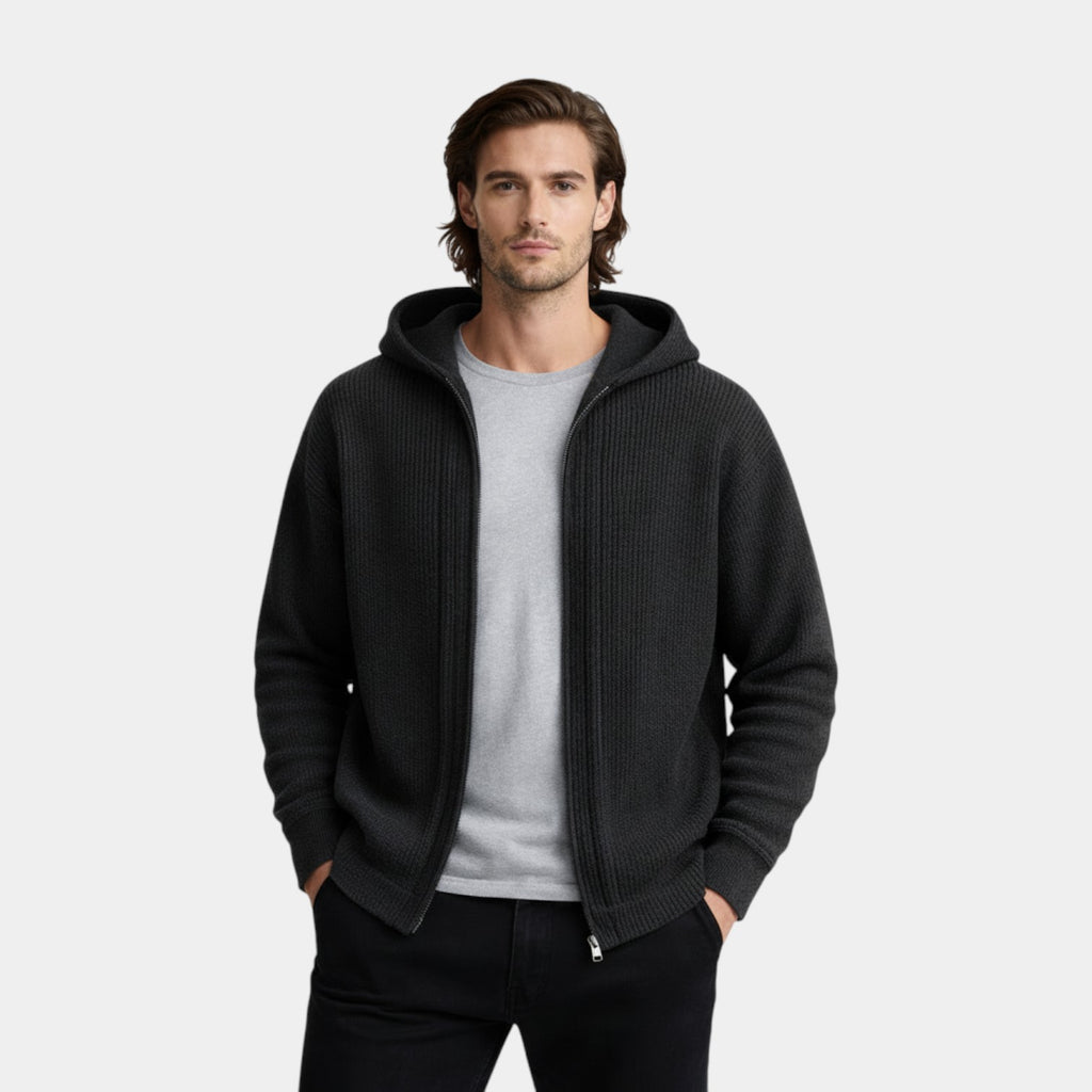 Ribbed Knit Hooded Zip Sweater Relaxed Fit for Men