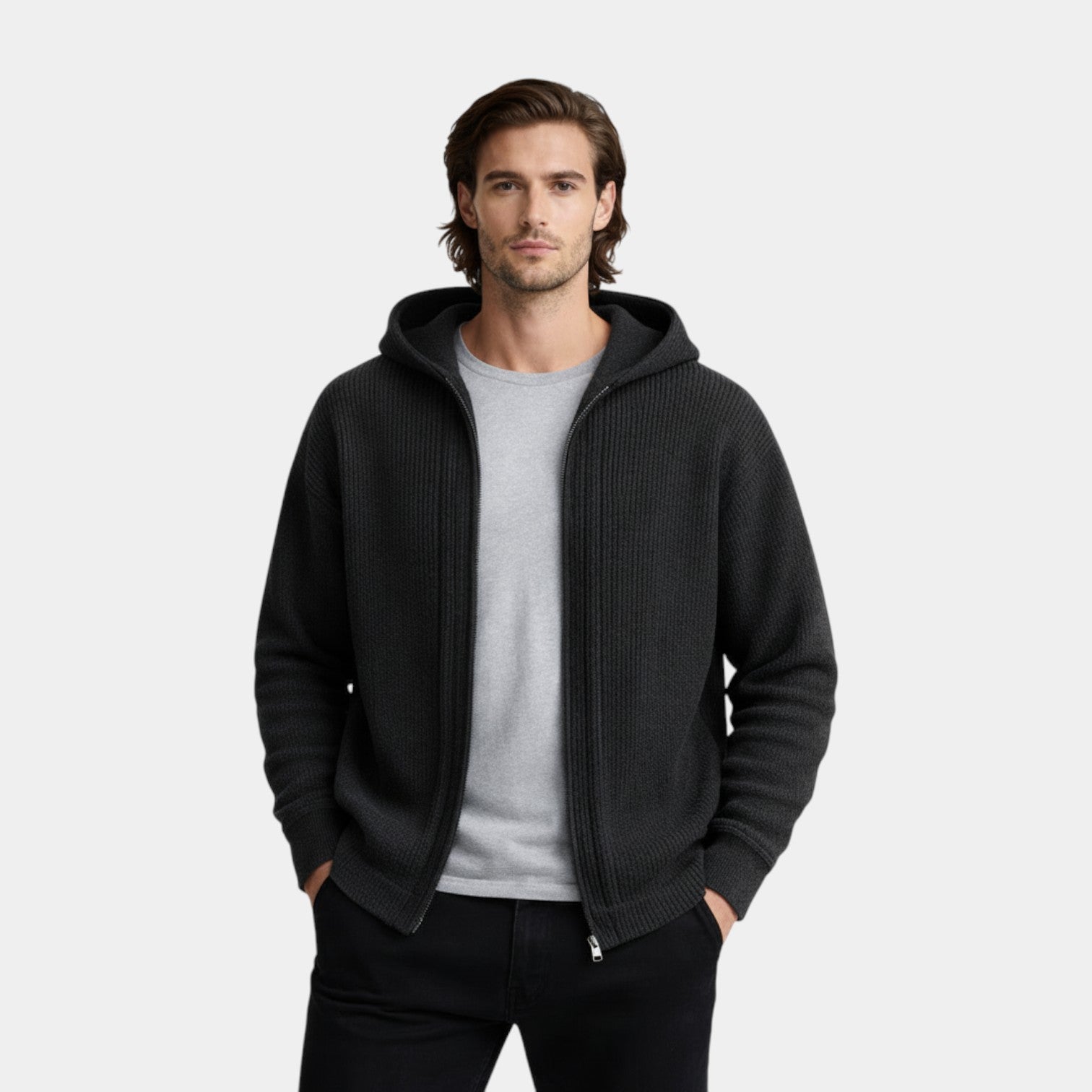Ribbed Knit Hooded Zip Sweater Relaxed Fit for Men