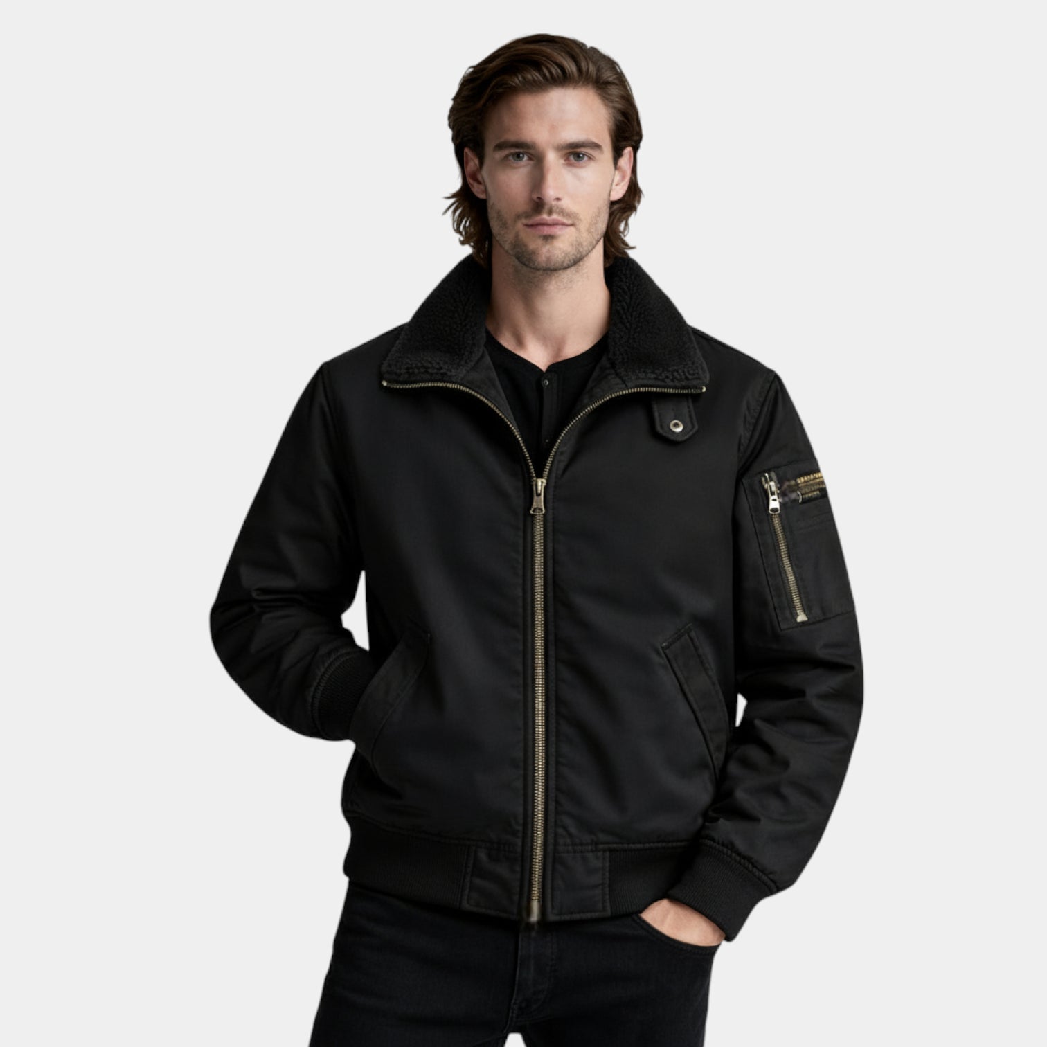 Fleece-Lined Zip-Front Utility Jacket Regular Fit for Men