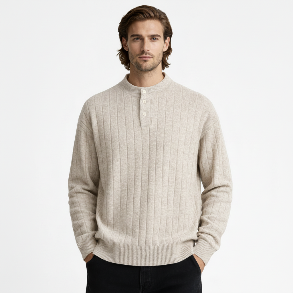 Ribbed Knit Henley Sweater Regular Fit for Men