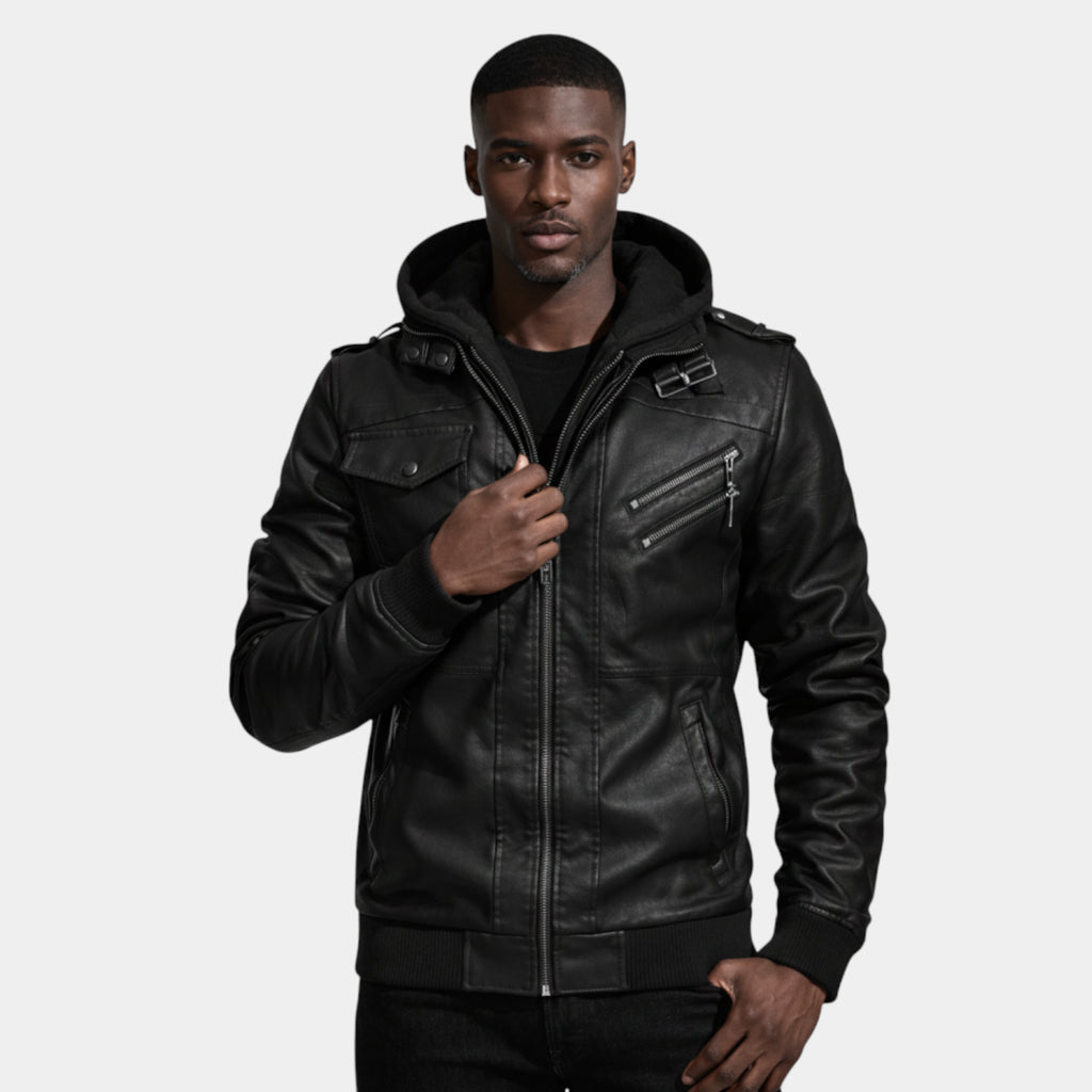 Hooded Vegan Leather Jacket Zip Front Regular Fit for Men
